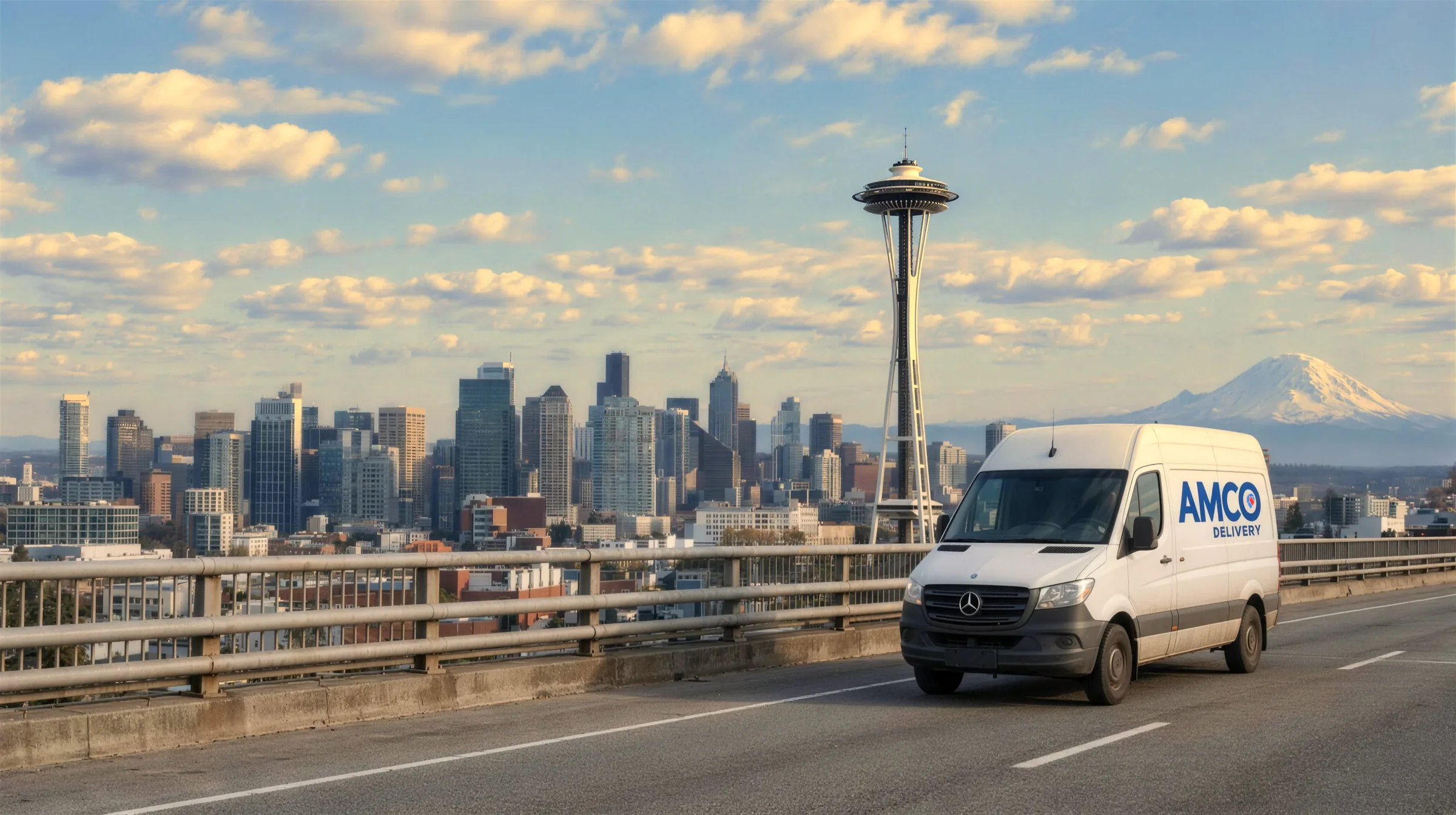 AMCO delivery van with Seattle skyline and Mount Rainier