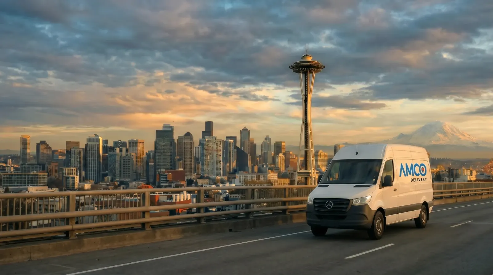 AMCO delivery van with Seattle skyline and Mount Rainier
