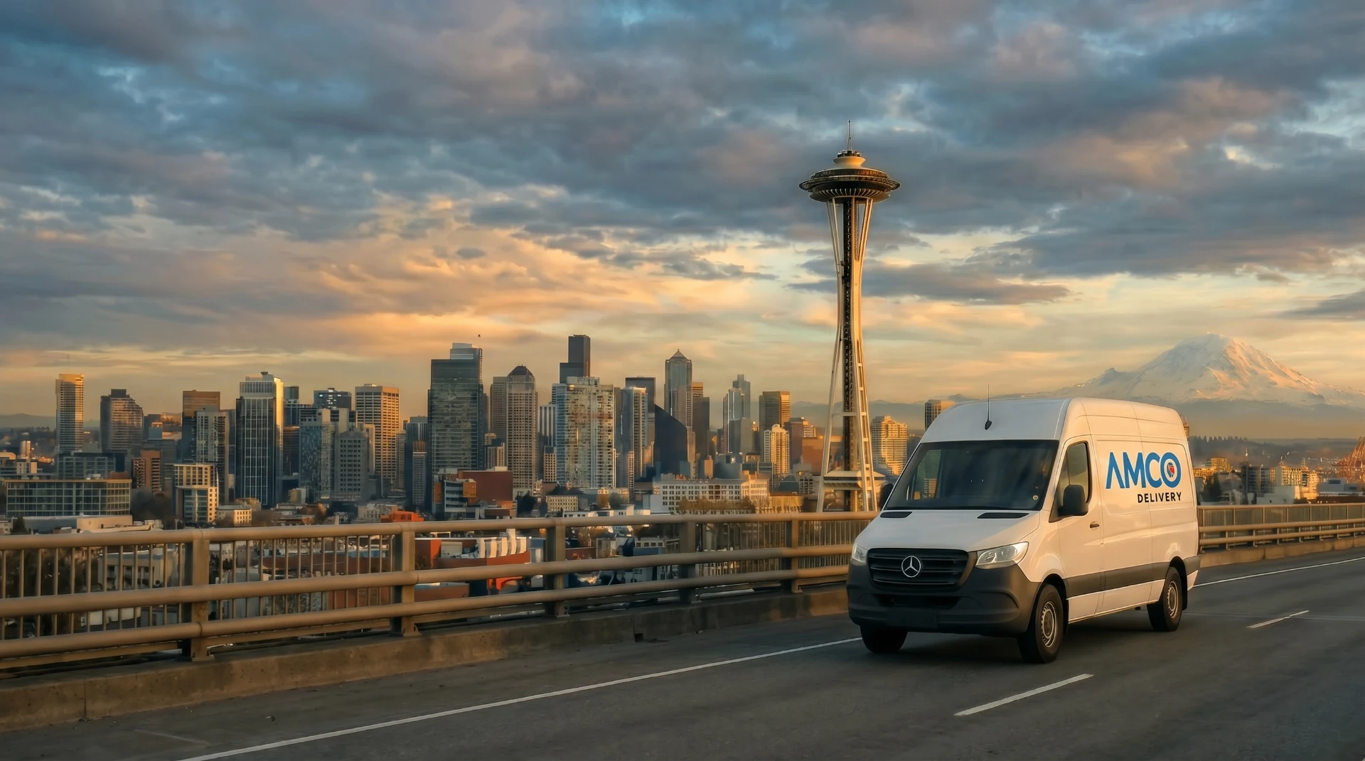 AMCO delivery van with Seattle skyline and Mount Rainier